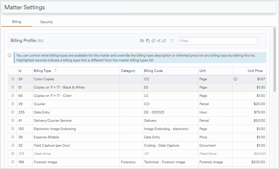Billing profile settings with highlighted records indicating different billing types available.